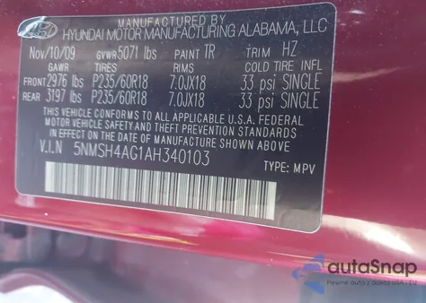 2010 Hyundai Santa Fe Se z USA, uszkodzony, nr VIN 5NMSH4AG1AH340103